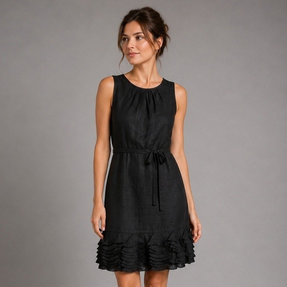 Taylor Dresses & Skirts - Taylor Nordstrom Linen Shift Dress Women Size 2 Ruffle Black Minimalist